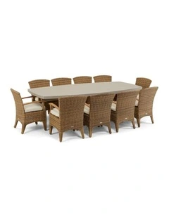 Waverley 2.6m Concrete Look Dining Set Brushed Wheat With 10 Kai Wicker Chairs & Cream Cushions