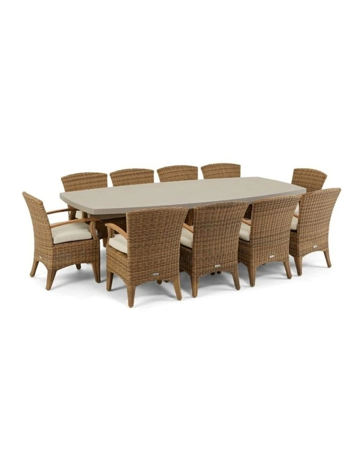 Waverley 2.6m Concrete Look Dining Set Brushed Wheat With 10 Kai Wicker Chairs & Cream Cushions image 1
