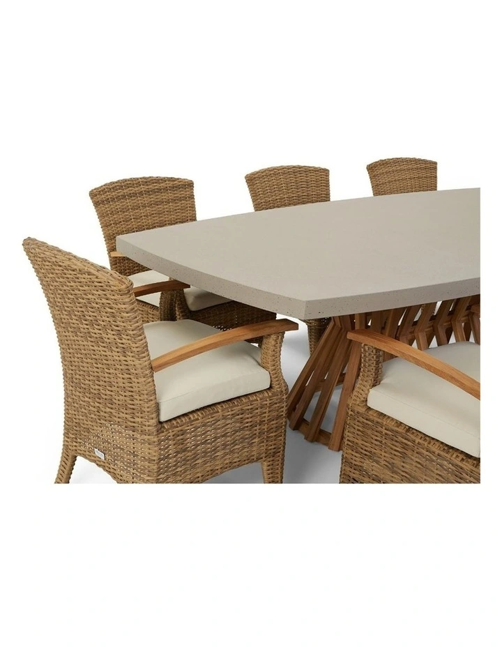 Waverley 2.6m Concrete Look Dining Set Brushed Wheat With 10 Kai Wicker Chairs & Cream Cushions image 5