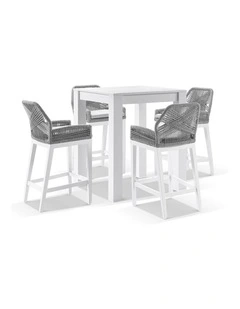 Santorini Outdoor Square Bar Table White With 4 Hugo Rope Stools & Grey w/Textured Olefin Cushions