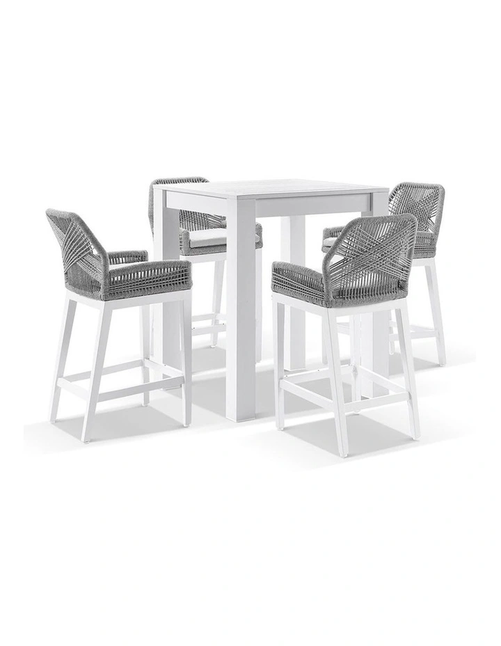 Santorini Outdoor Square Bar Table White With 4 Hugo Rope Stools & Grey w/Textured Olefin Cushions image 1