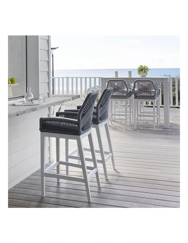 Santorini Outdoor Square Bar Table White With 4 Hugo Rope Stools & Grey w/Textured Olefin Cushions image 4