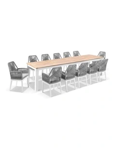 Balmoral 3.55m Outdoor Teak Top Table White With 12 Hugo Chairs & Textured Olefin Grey Cushions