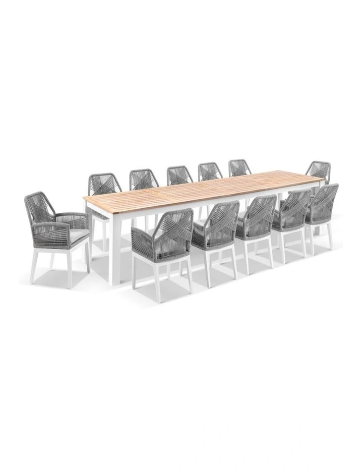 Balmoral 3.55m Outdoor Teak Top Table White With 12 Hugo Chairs & Textured Olefin Grey Cushions image 1