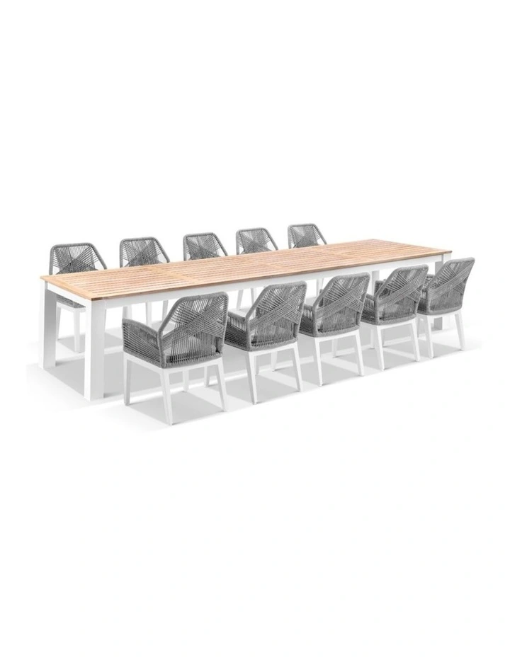 Balmoral 3.55m Outdoor Teak Top Table White With 12 Hugo Chairs & Textured Olefin Grey Cushions image 2