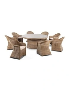Plantation 8 Seater Wicker Round Dining Table Setting Brushed Wheat With Chairs & Cream Cushions