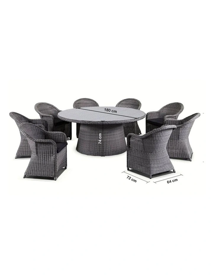 Plantation 8 Seater Wicker Round Dining Table Setting Brushed Wheat With Chairs & Cream Cushions image 3