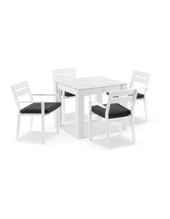Hugo Outdoor 4 Seater Ceramic/ Dining Table White With Santorini Chairs & Denim Grey Cushions