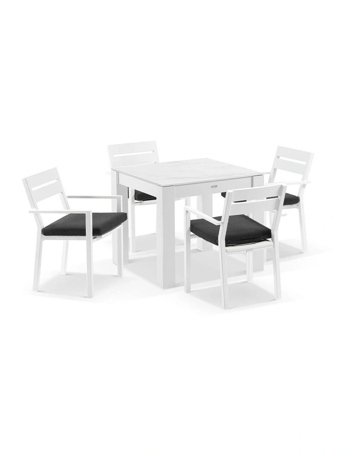 Hugo Outdoor 4 Seater Ceramic/ Dining Table White With Santorini Chairs & Denim Grey Cushions image 1