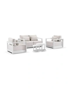 Whitehaven 2 1 1 Seater Outdoor Lounge White With Hugo Coffee Table Set & Sandstone Cushions