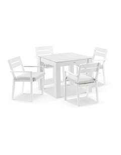 Hugo Outdoor 4 Seater Ceramic/ Dining Table White With Santorini Chairs & Olefin Grey Cushions