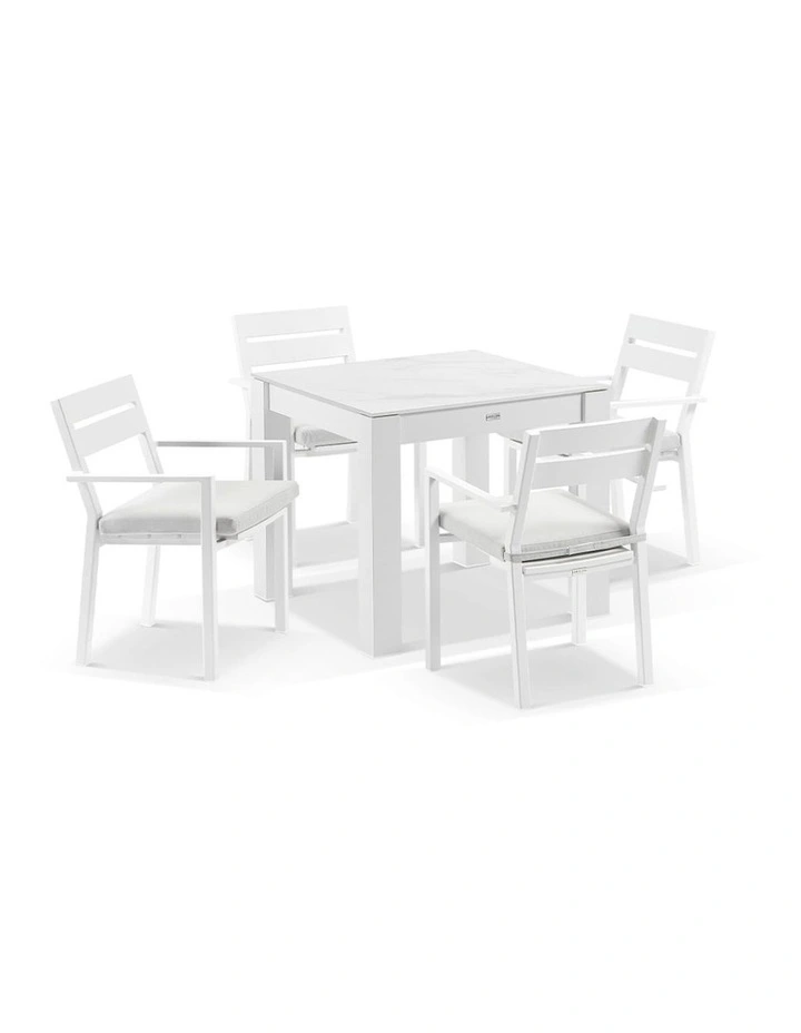 Hugo Outdoor 4 Seater Ceramic/ Dining Table White With Santorini Chairs & Olefin Grey Cushions image 1