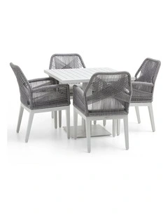 Avoca Outdoor Pedestal Dining Table White With Hugo Chairs & Grey Rope/Textured Olefin Cushions