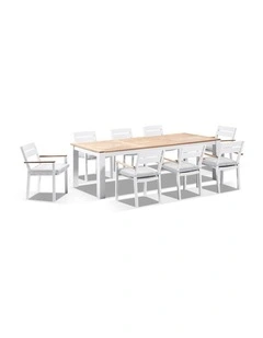 Balmoral 2.5m Teak Top Table White With 8 Capri Dining Chairs & Textured Olefin Grey Cushions