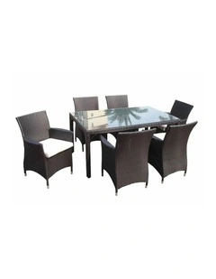 Roman 6 Seater Wicker and Glass Top Dining Table Chairs Setting Charcoal & Denim Grey Cushions