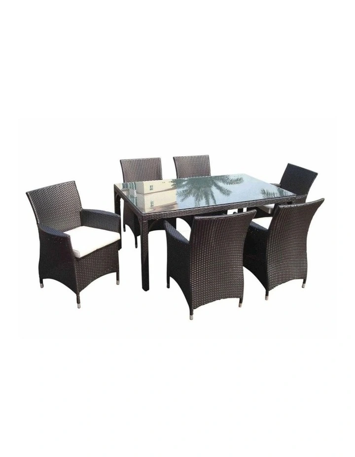 Roman 6 Seater Wicker and Glass Top Dining Table Chairs Setting Charcoal & Denim Grey Cushions image 1