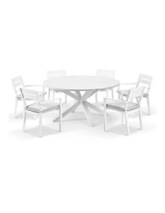 Houston Outdoor 1.5m Round Dining Setting White With 6 Santorini Chairs & Olefin Grey Cushions