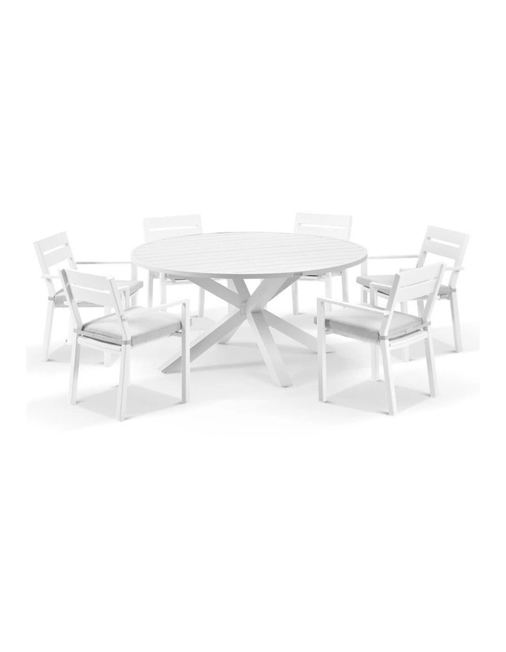 Houston Outdoor 1.5m Round Dining Setting White With 6 Santorini Chairs & Olefin Grey Cushions image 1