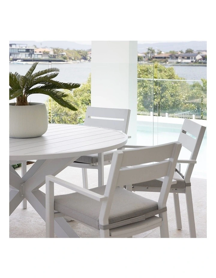 Houston Outdoor 1.5m Round Dining Setting White With 6 Santorini Chairs & Olefin Grey Cushions image 7