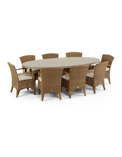 Tamarama Oval Concrete Look Dining Setting Brushed Wheat With 8 Kai Wicker Chairs & Cream Cushions