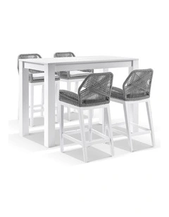 Santorini 1.5m Bar Table White With 4 Hugo and Rope Stools & Grey w/Textured Olefin Cushions