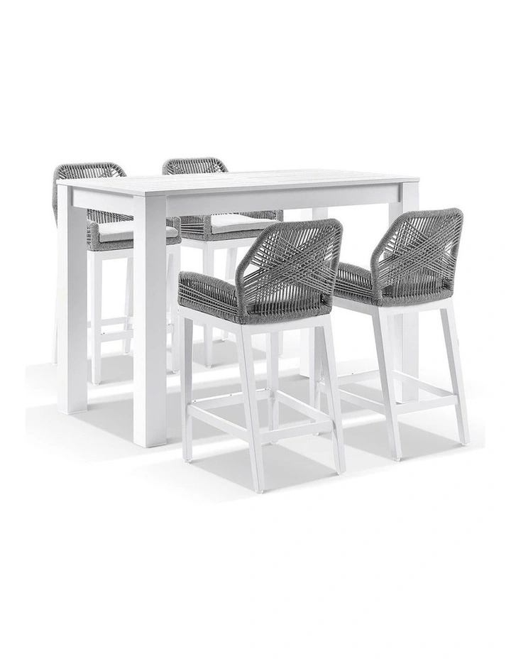 Santorini 1.5m Bar Table White With 4 Hugo and Rope Stools & Grey w/Textured Olefin Cushions image 1