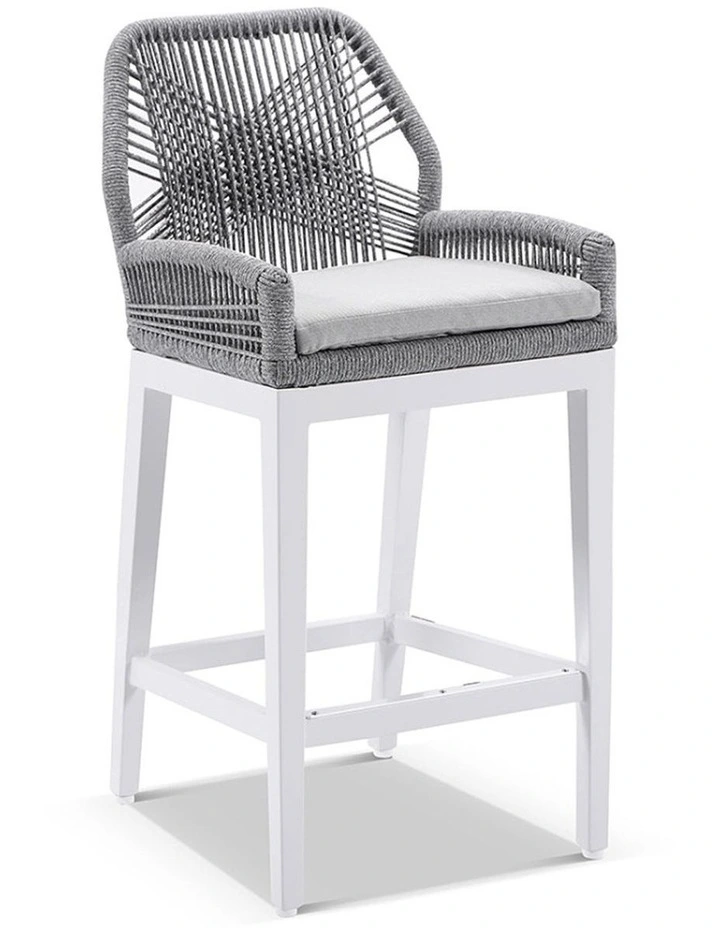 Santorini 1.5m Bar Table White With 4 Hugo and Rope Stools & Grey w/Textured Olefin Cushions image 2