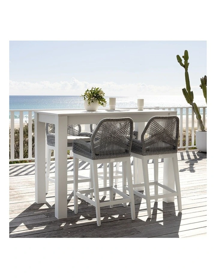 Santorini 1.5m Bar Table White With 4 Hugo and Rope Stools & Grey w/Textured Olefin Cushions image 3
