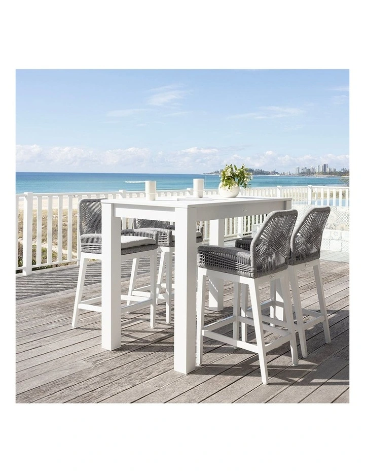 Santorini 1.5m Bar Table White With 4 Hugo and Rope Stools & Grey w/Textured Olefin Cushions image 4