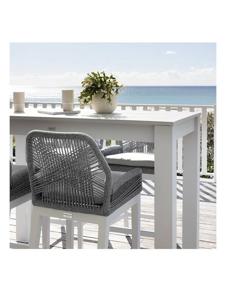Santorini 1.5m Bar Table White With 4 Hugo and Rope Stools & Grey w/Textured Olefin Cushions image 5