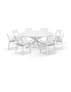 Houston Outdoor 1.8m Round Dining Setting White With 8 Santorini Chairs & Olefin Grey Cushions