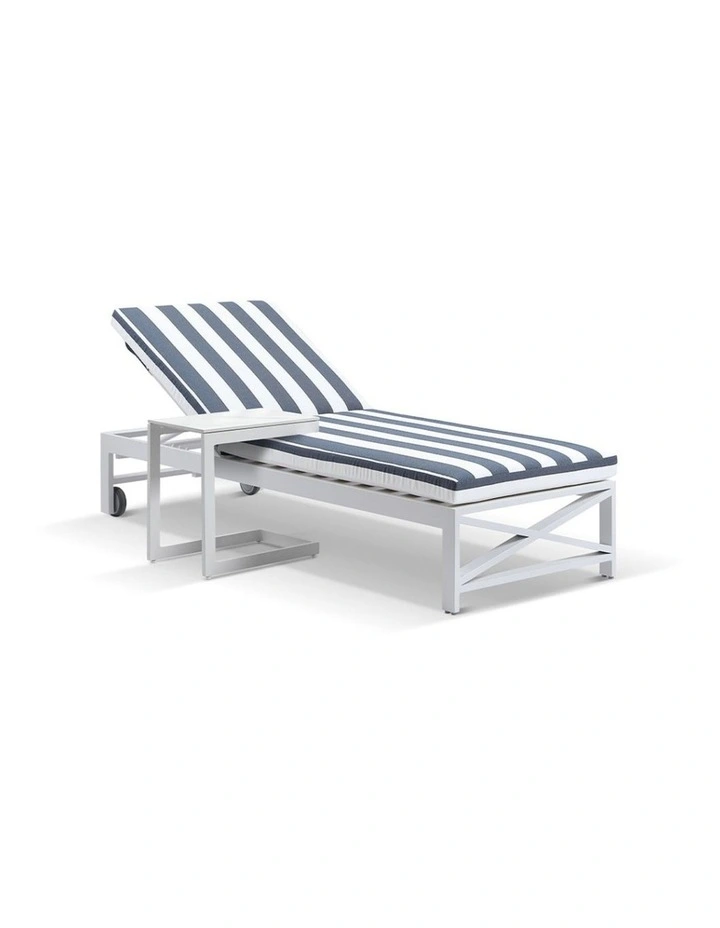 Kansas Outdoor Sun Lounge on Wheels White With Hugo Slide Under Side Table & Navy Stripe Cushions image 1