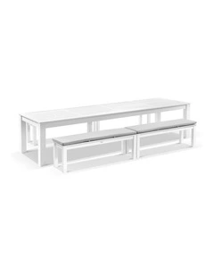 Santorini 3.55m Outdoor Rectangle Dining Table White With 4 Bench Seats & Olefin Grey Cushions
