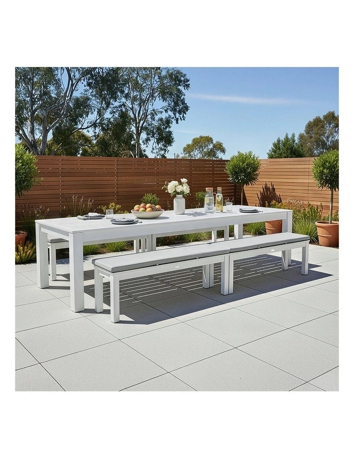 Santorini 3.55m Outdoor Rectangle Dining Table White With 4 Bench Seats & Olefin Grey Cushions image 4