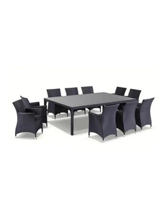 Roman 10 Seat Wicker and Glass Top Dining Table Chairs Setting Charcoal & Denim Grey Cushions