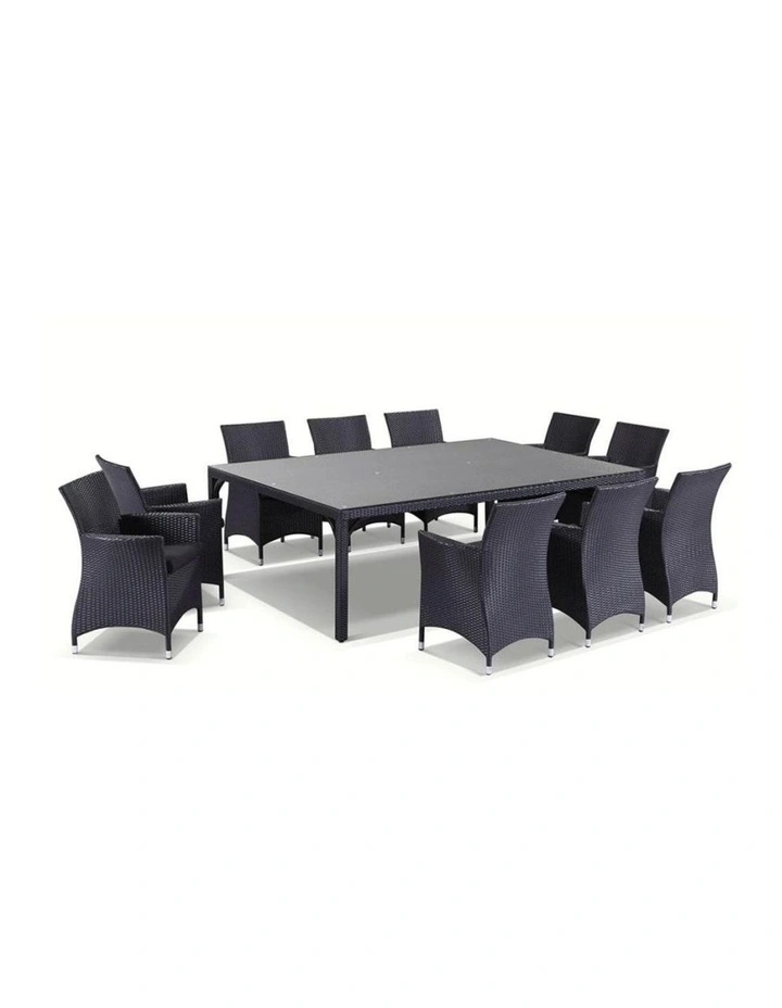 Roman 10 Seat Wicker and Glass Top Dining Table Chairs Setting Charcoal & Denim Grey Cushions image 1