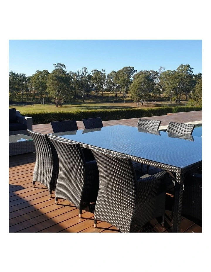 Roman 10 Seat Wicker and Glass Top Dining Table Chairs Setting Charcoal & Denim Grey Cushions image 3