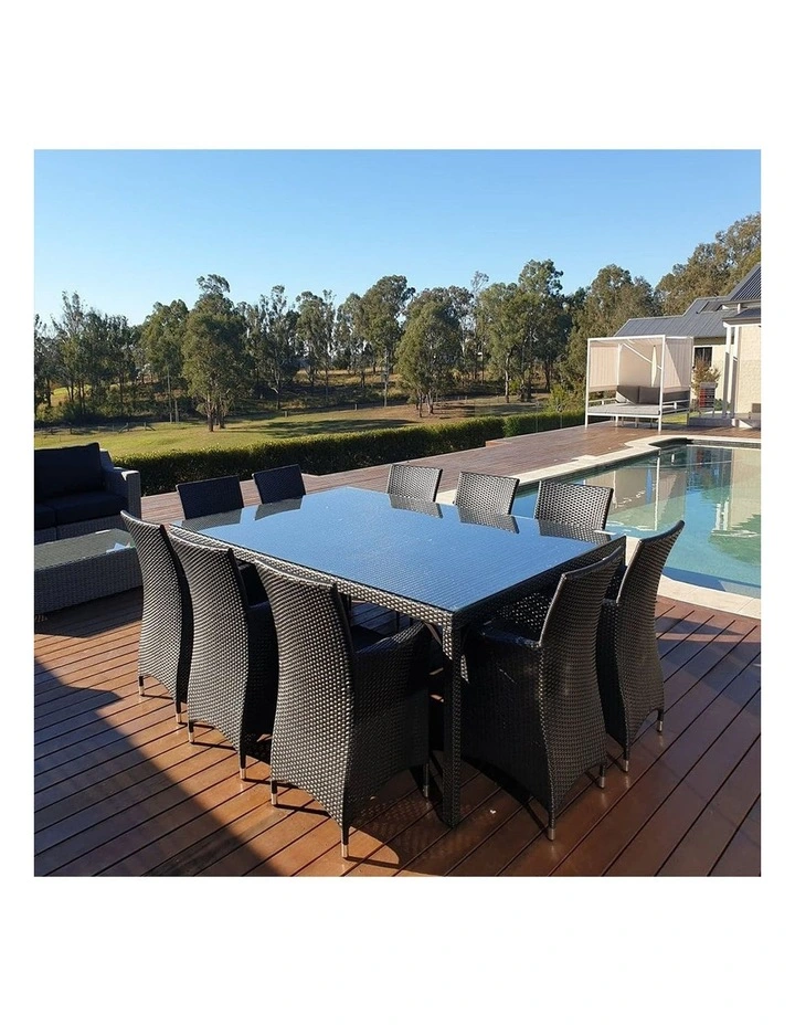 Roman 10 Seat Wicker and Glass Top Dining Table Chairs Setting Charcoal & Denim Grey Cushions image 4