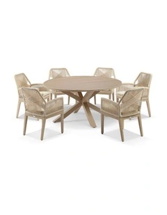 Houston Outdoor 1.5m Dining Setting Light Oak Look With 6 Hugo Chairs & Cream Rope/Cream Cushions