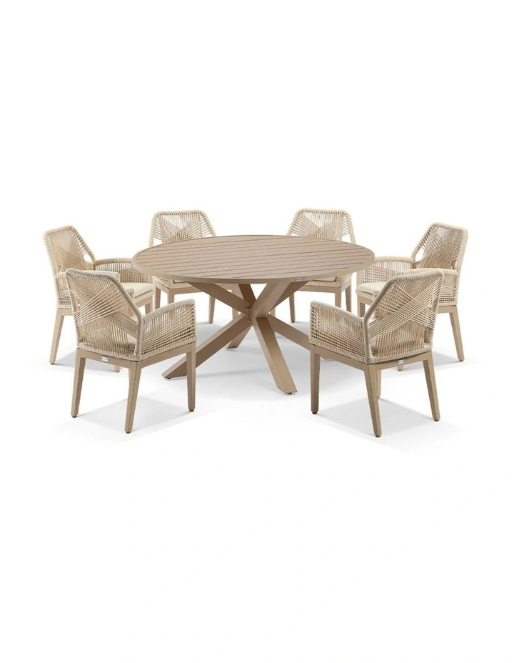 Houston Outdoor 1.5m Dining Setting Light Oak Look With 6 Hugo Chairs & Cream Rope/Cream Cushions image 1