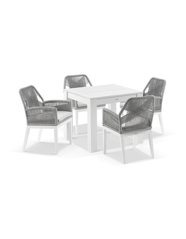 Santorini Outdoor 4 Seater Dining Table White With Hugo Chairs & Grey Rope/Textured Olefin Cushions image 1