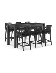 Hugo Outdoor Ceramic 2m Rectangle Bar Table Charcoal With 6 Rope Stools & Denim Grey Cushions