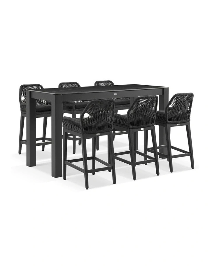 Hugo Outdoor Ceramic 2m Rectangle Bar Table Charcoal With 6 Rope Stools & Denim Grey Cushions image 1