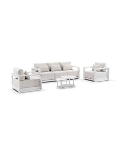 Whitehaven 3 1 1 Seater Outdoor Lounge Set White With Hugo Coffee Table & Sandstone Olefin Cushions