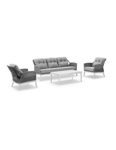 Hugo 3 1 1 Seater Outdoor Rope Lounge Set White With Coffee Table & Grey rope/ Olefin Cushions