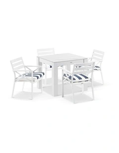 Hugo Outdoor 4 Seater Ceramic and Dining Table White With Kansas Chairs & Navy Stripe Cushions
