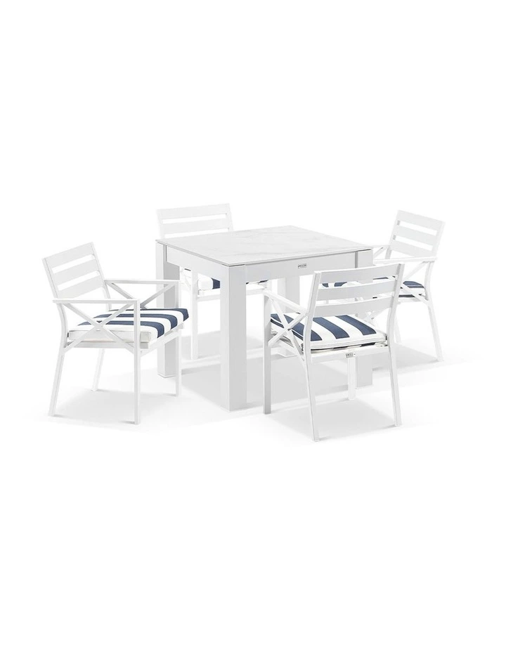 Hugo Outdoor 4 Seater Ceramic and Dining Table White With Kansas Chairs & Navy Stripe Cushions image 1