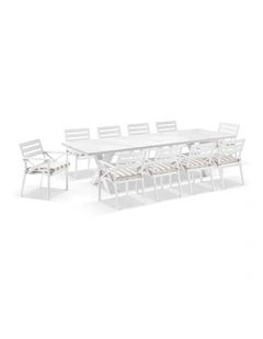 Kansas Outdoor Ceramic 3m Dining Table Setting White With 10 Chairs & Heather Beige Cushions