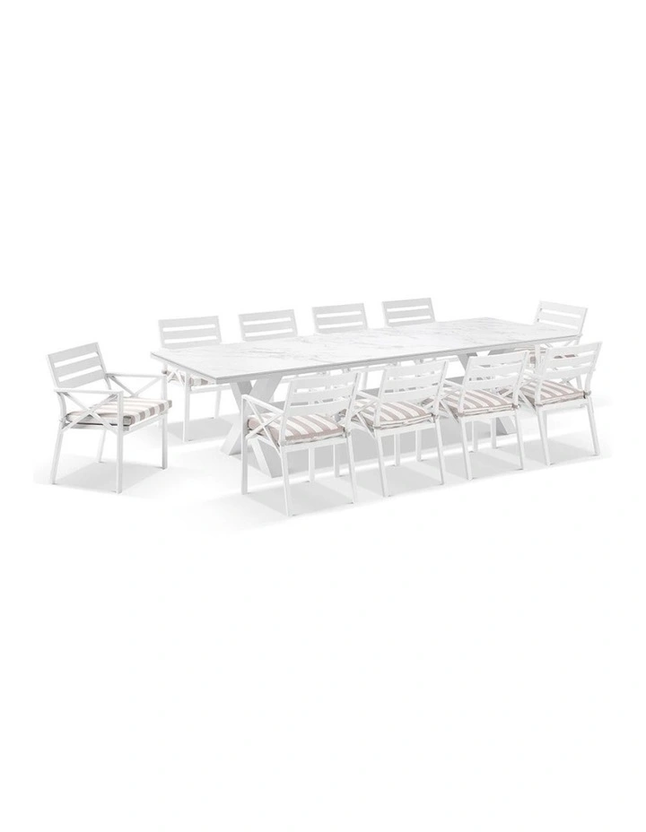 Kansas Outdoor Ceramic 3m Dining Table Setting White With 10 Chairs & Heather Beige Cushions image 1