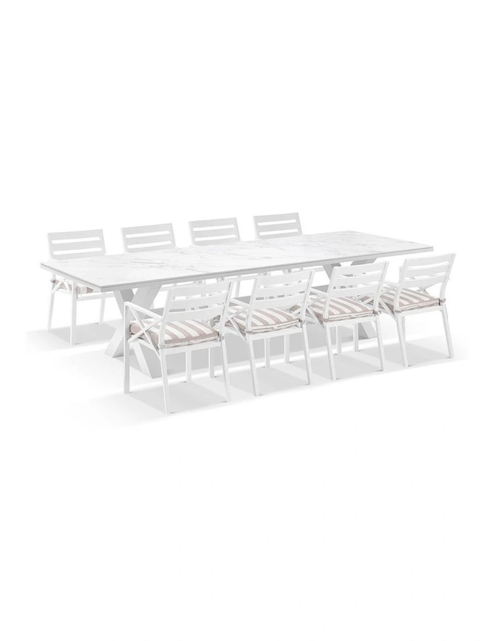 Kansas Outdoor Ceramic 3m Dining Table Setting White With 10 Chairs & Heather Beige Cushions image 2